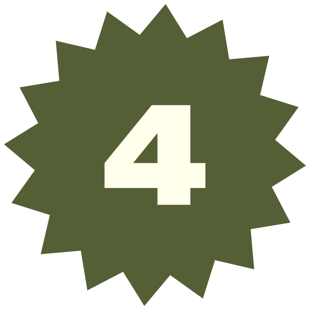 Black number four sitting on top of a 16 point starburst in olive green.
